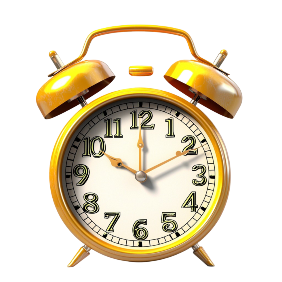 Vintage golden alarm clock showing the time shiny bells png