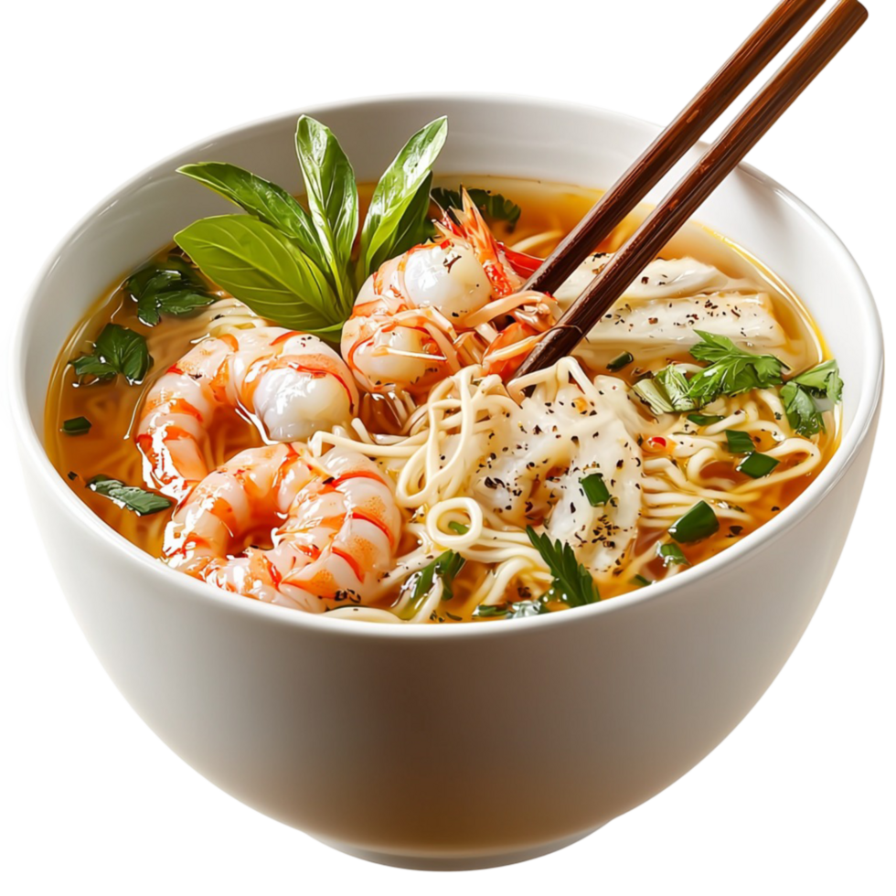 Hot bowl of shrimp ramen chopsticks lifting noodles png