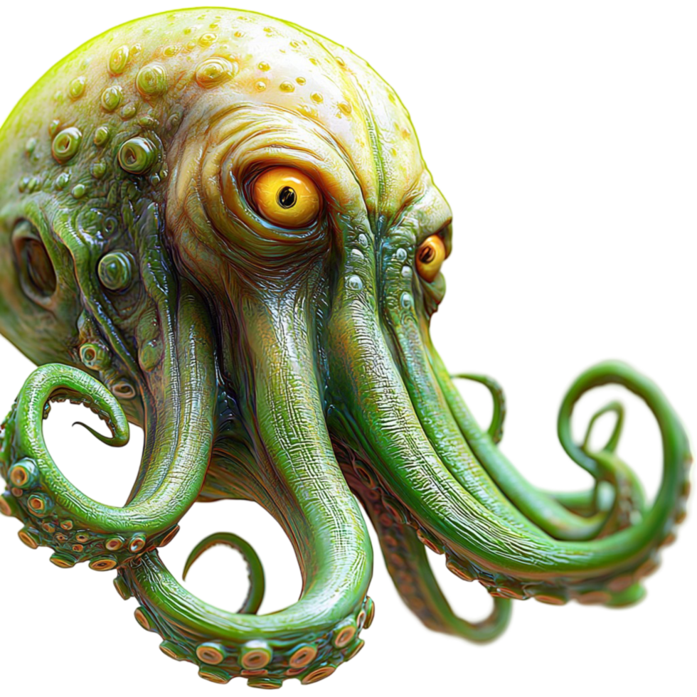 Green octopus glowing eyes detailed curling tentacles png