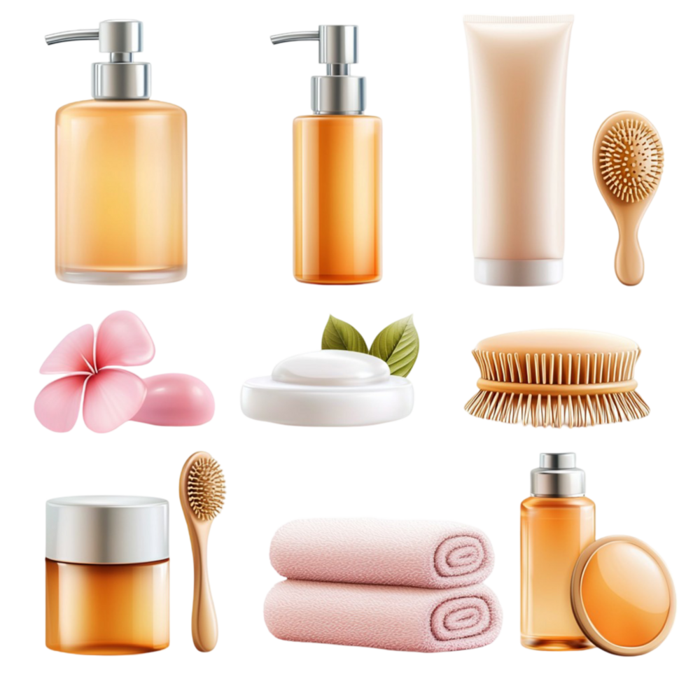 Luxurious spa set bottles towels brushes scented cles png