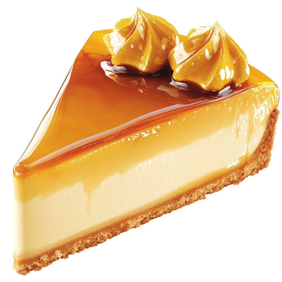 Slice of creamy caramel cheesecake a golden crust png