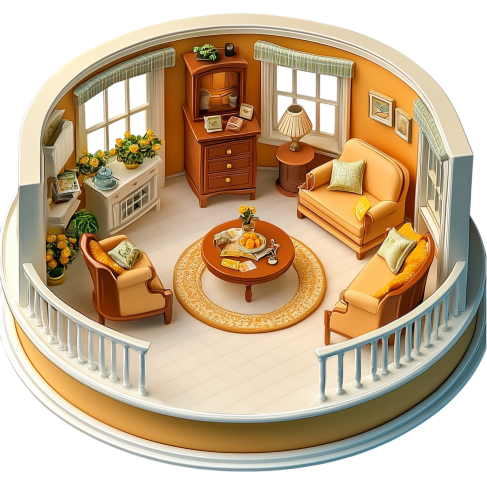 Cozy miniature living room warm furniture decorations png