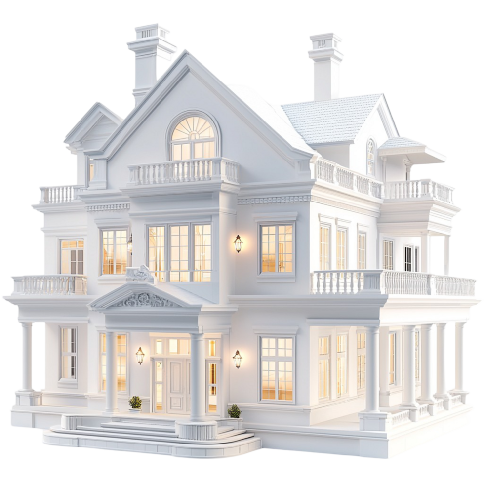 white mansion architecture glowing interior lights png