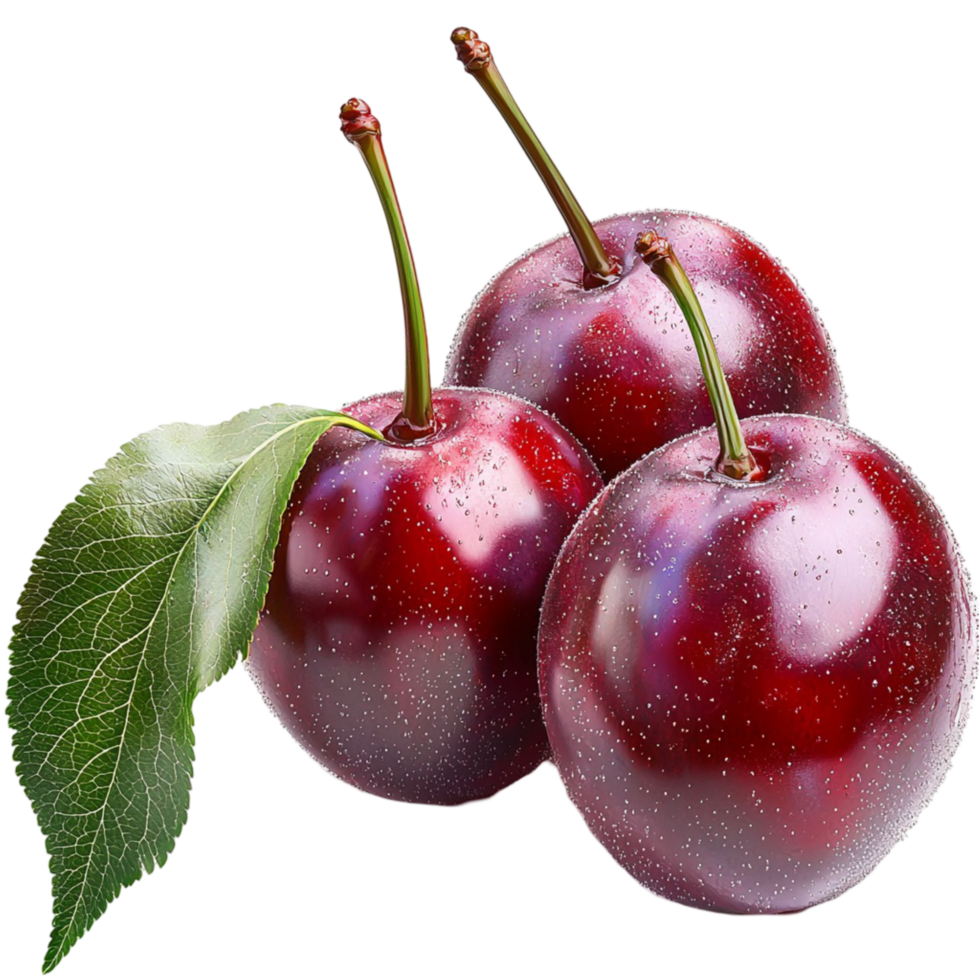 ripe cherries deep red color a green leaf still attached png