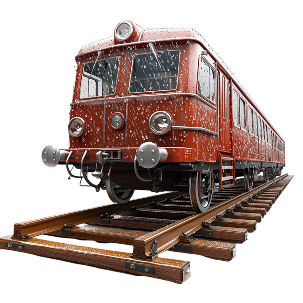 Vintage red train a rounded front sitting on metal tracks png