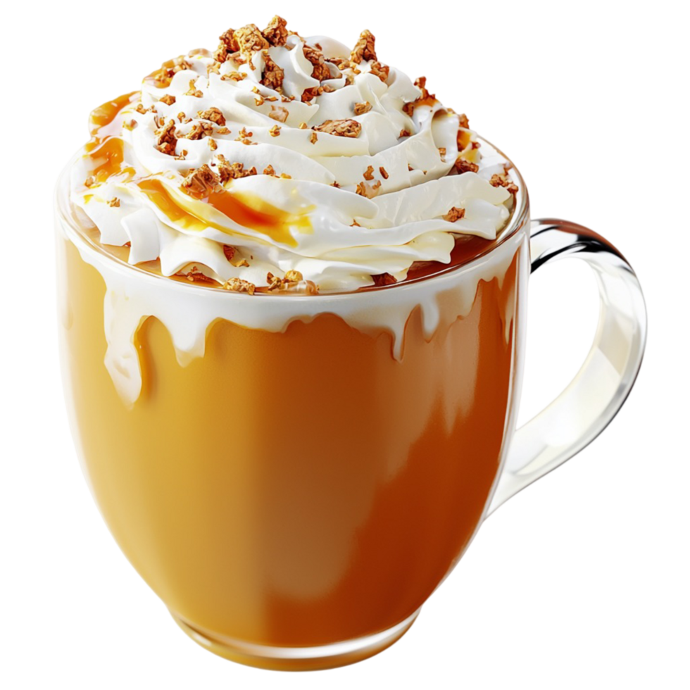 Warm caramel latte topped whipped cream sprinkled cinnamon png
