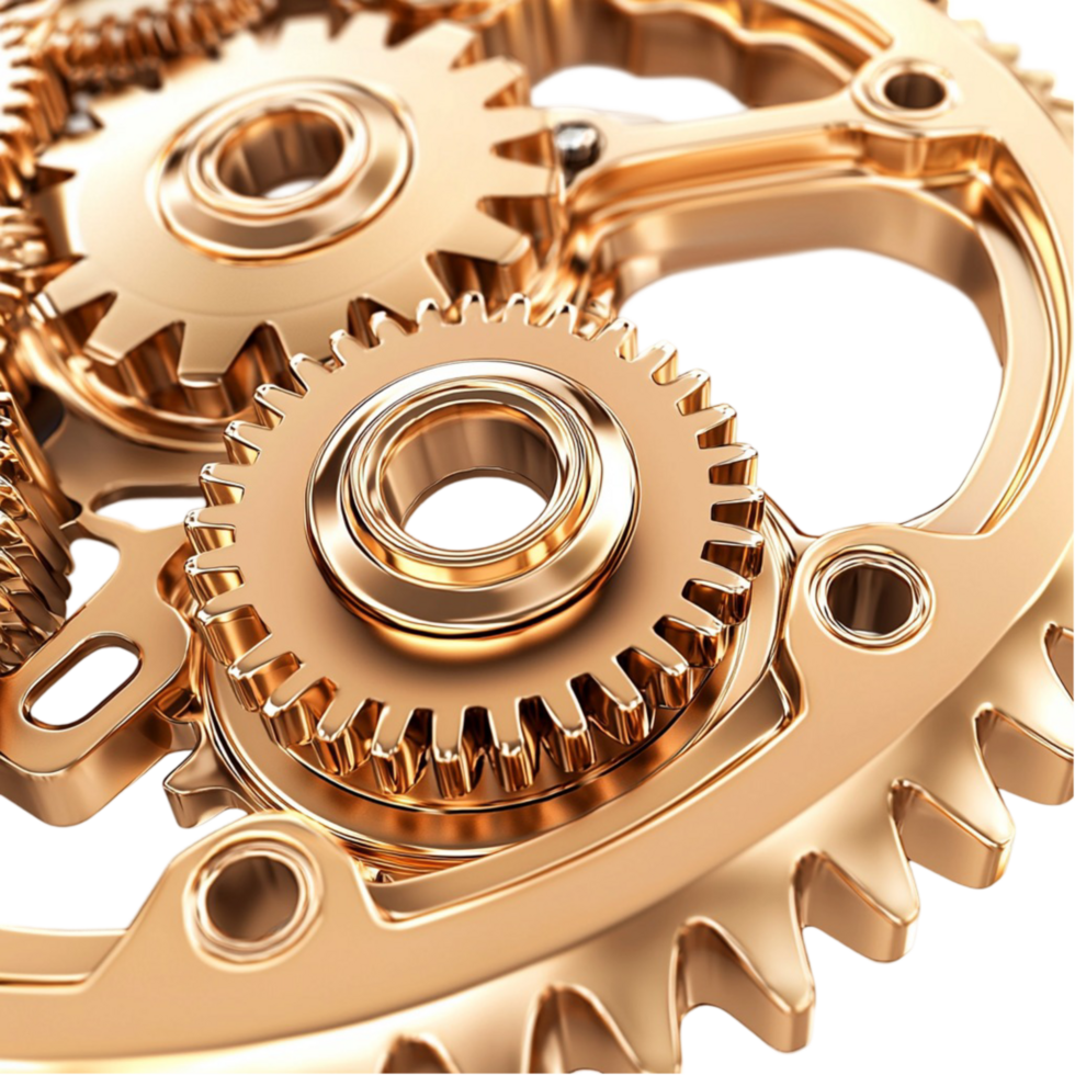 Complex golden gears interlocking perfectly in a precise mechanical system png