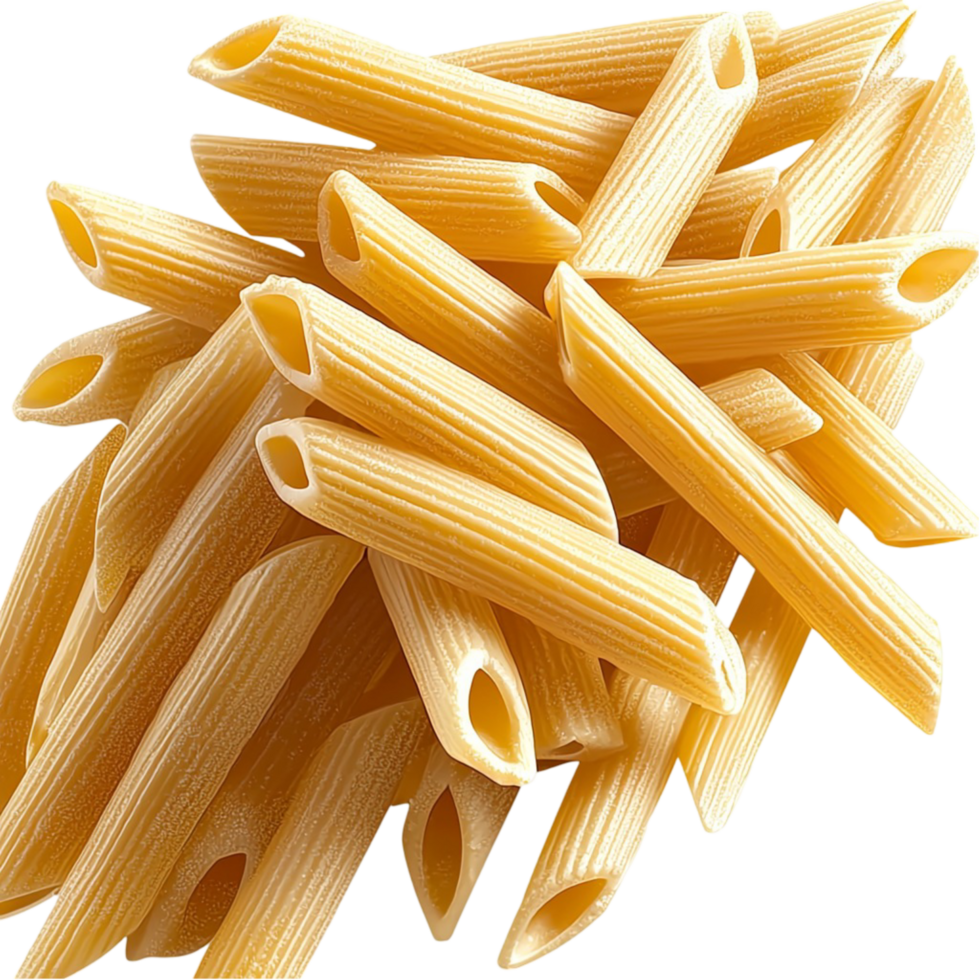Uncooked penne pasta pieces neatly arranged in a golden yellow pile png