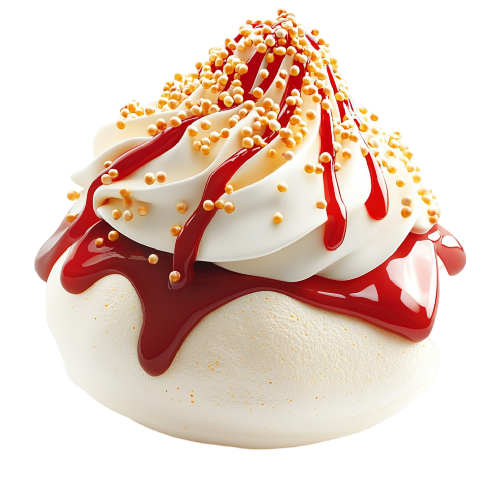 Swirled meringue dessert topped red syrup crunchy sprinkles png
