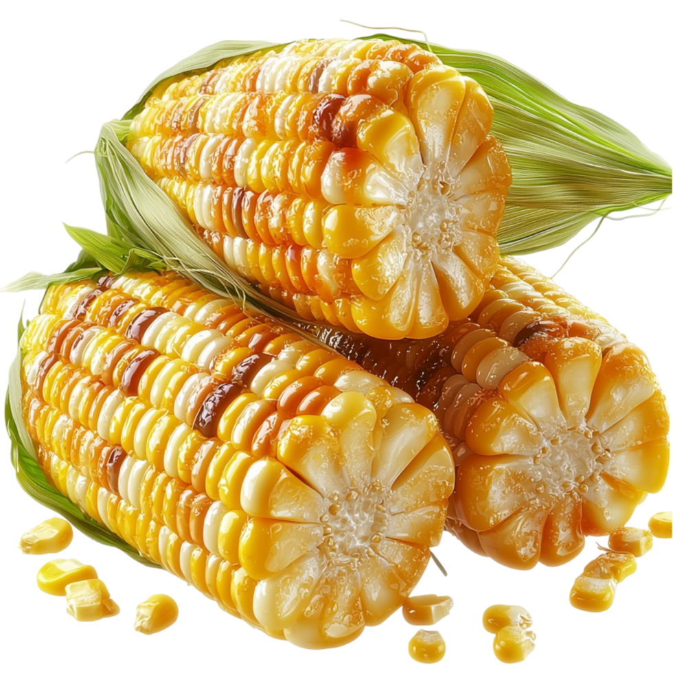 Grilled corn on the cob golden kernels husks partially peeled back png