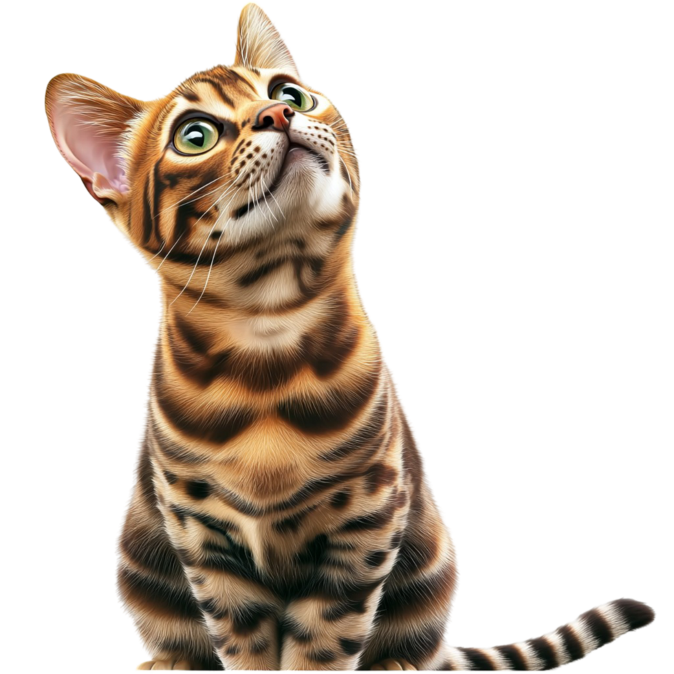 Beautiful Bengal cat striking patterns gazing upward png