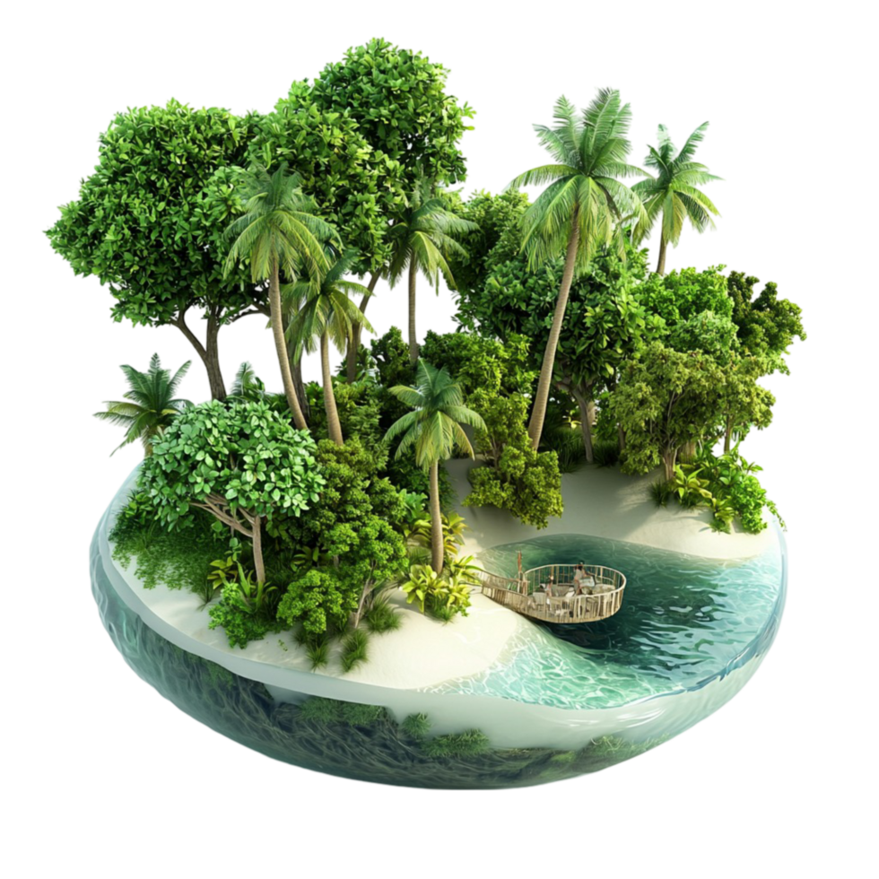 Miniature tropical isl lush palm trees surrounded by blue water png