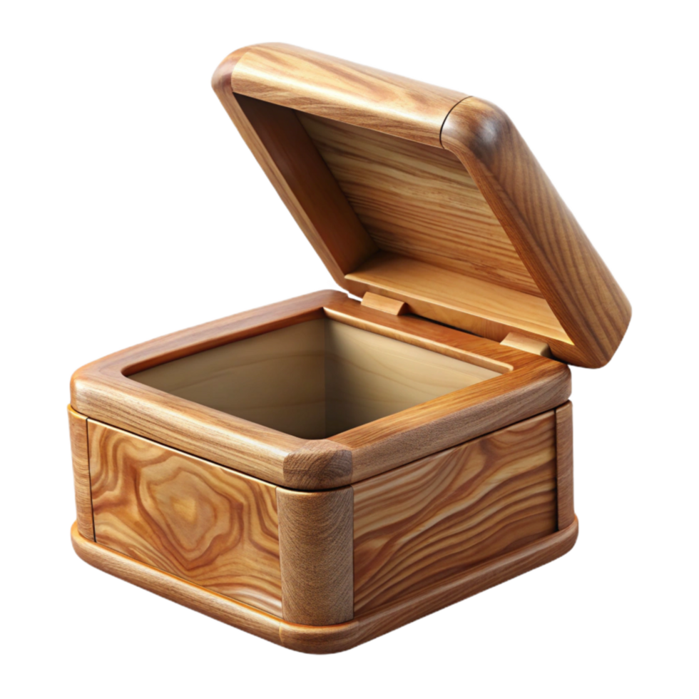 beautiful minimalist Polished Oak Wood Box Open Lid Transparent Background exclusive png