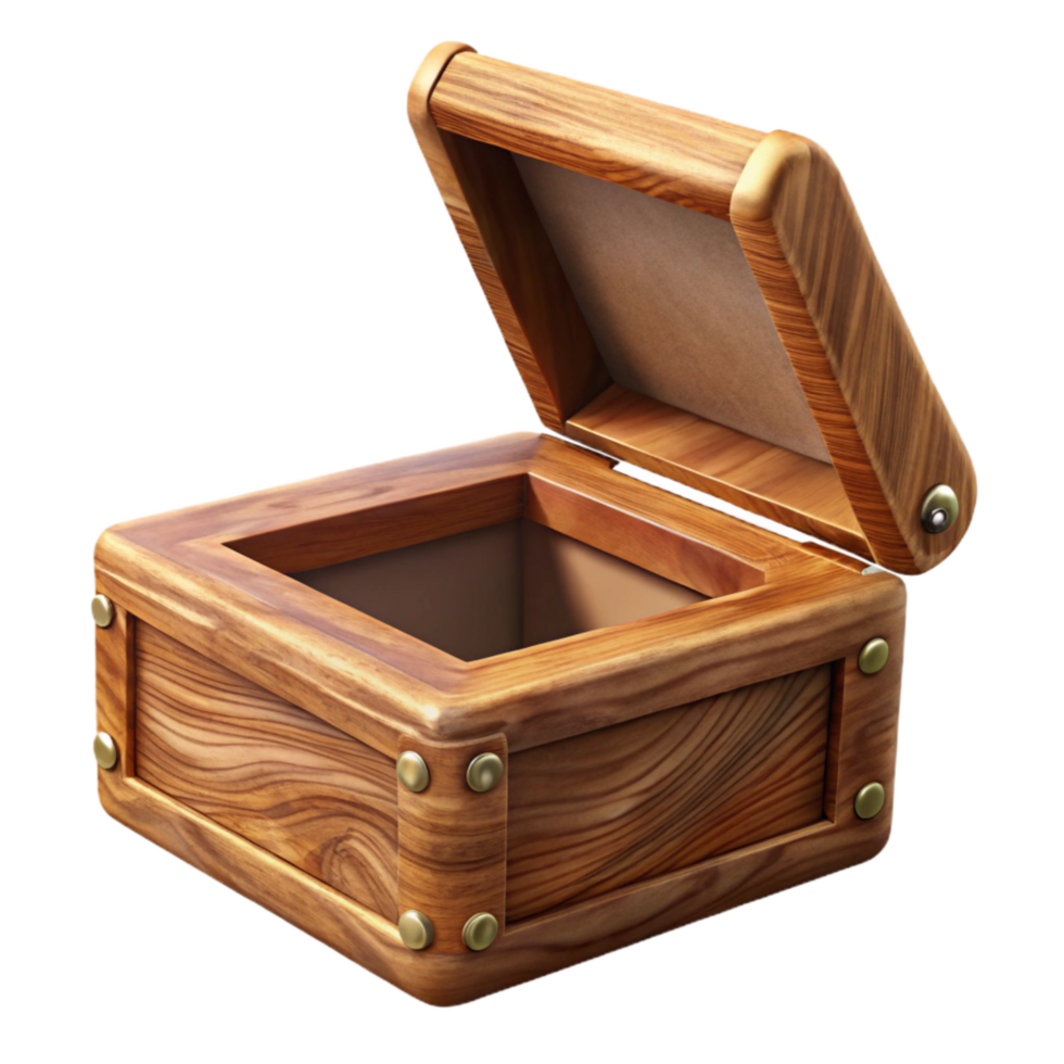 elegant classic Polished Oak Wood Box Open Lid Transparent Background exclusive png