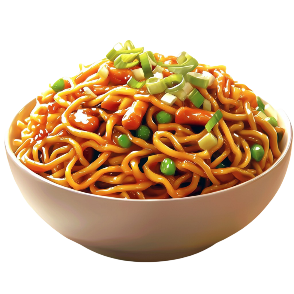 Bowl of stirfried noodles garnished vegetables herbs png