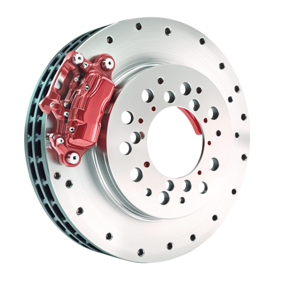 Shiny metallic brake disc a red caliper drilled holes png