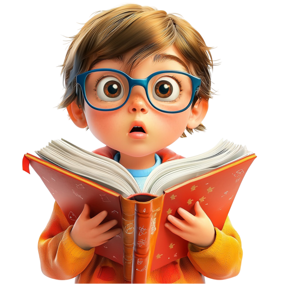 Curious young boy large round glasses reading a book png