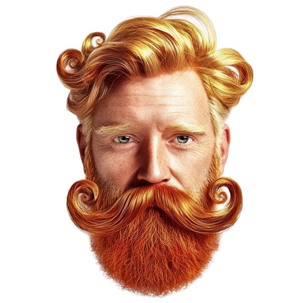 Man a unique curled mustache thick red beard png