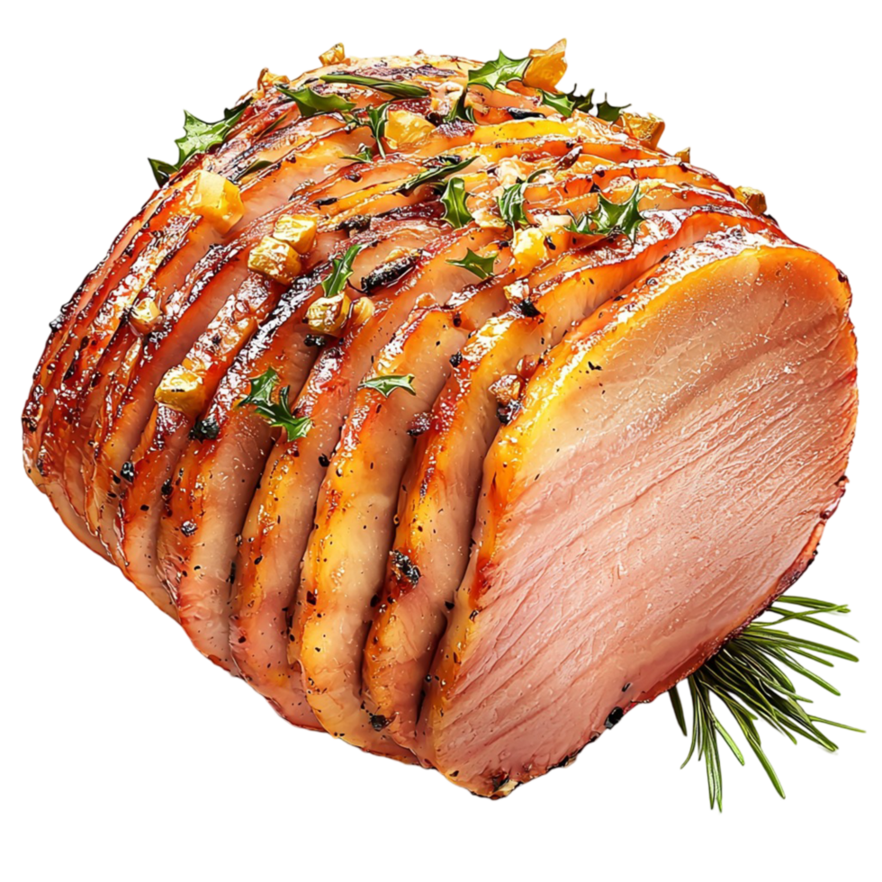 Juicy glazed ham garnished herbs seasoning png