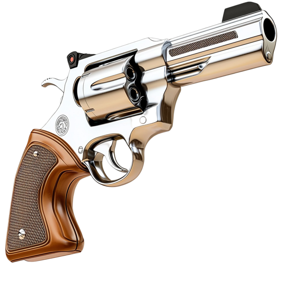 Shiny silver revolver a wooden grip detailed design png