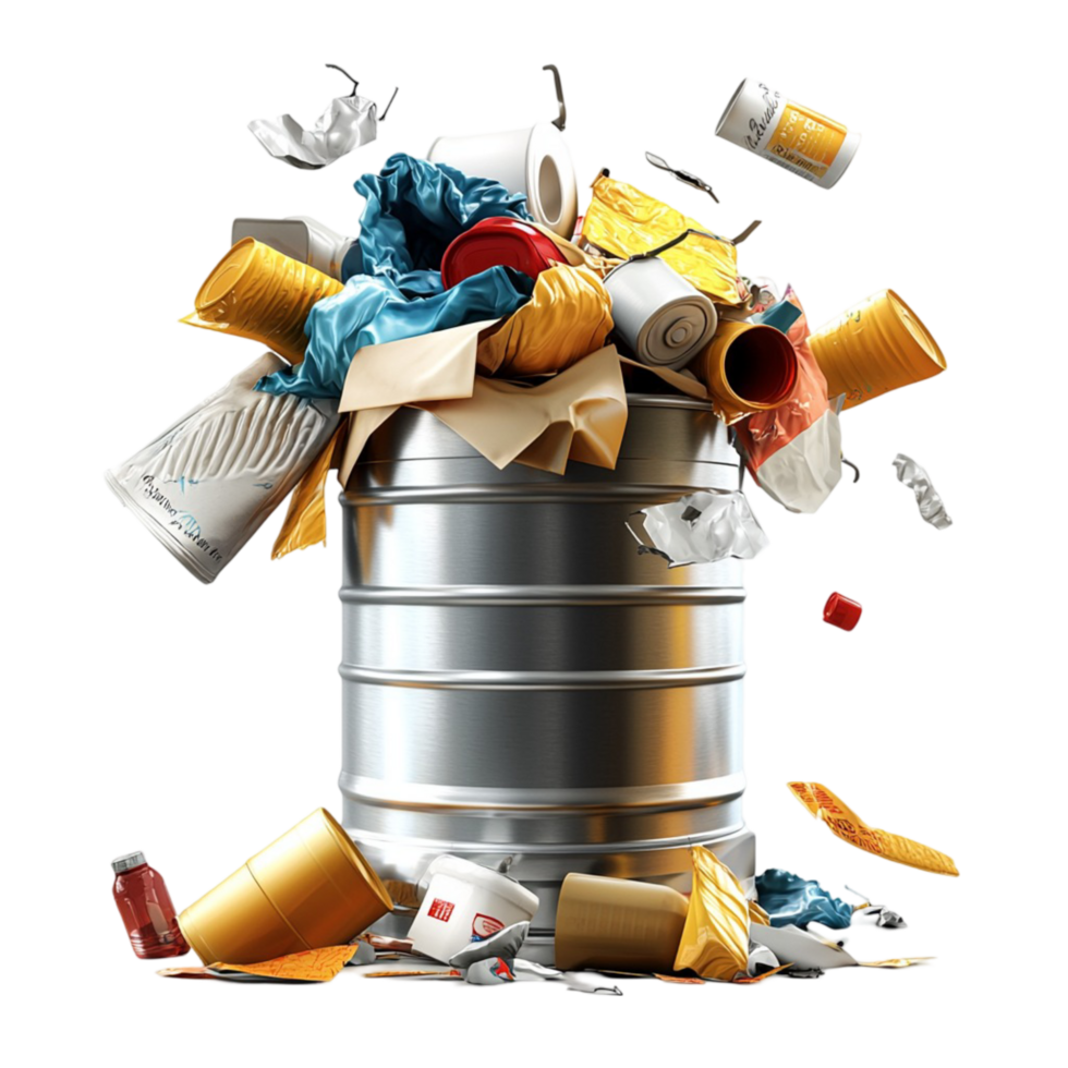 Overflowing trash can filled garbage cigarette butts png
