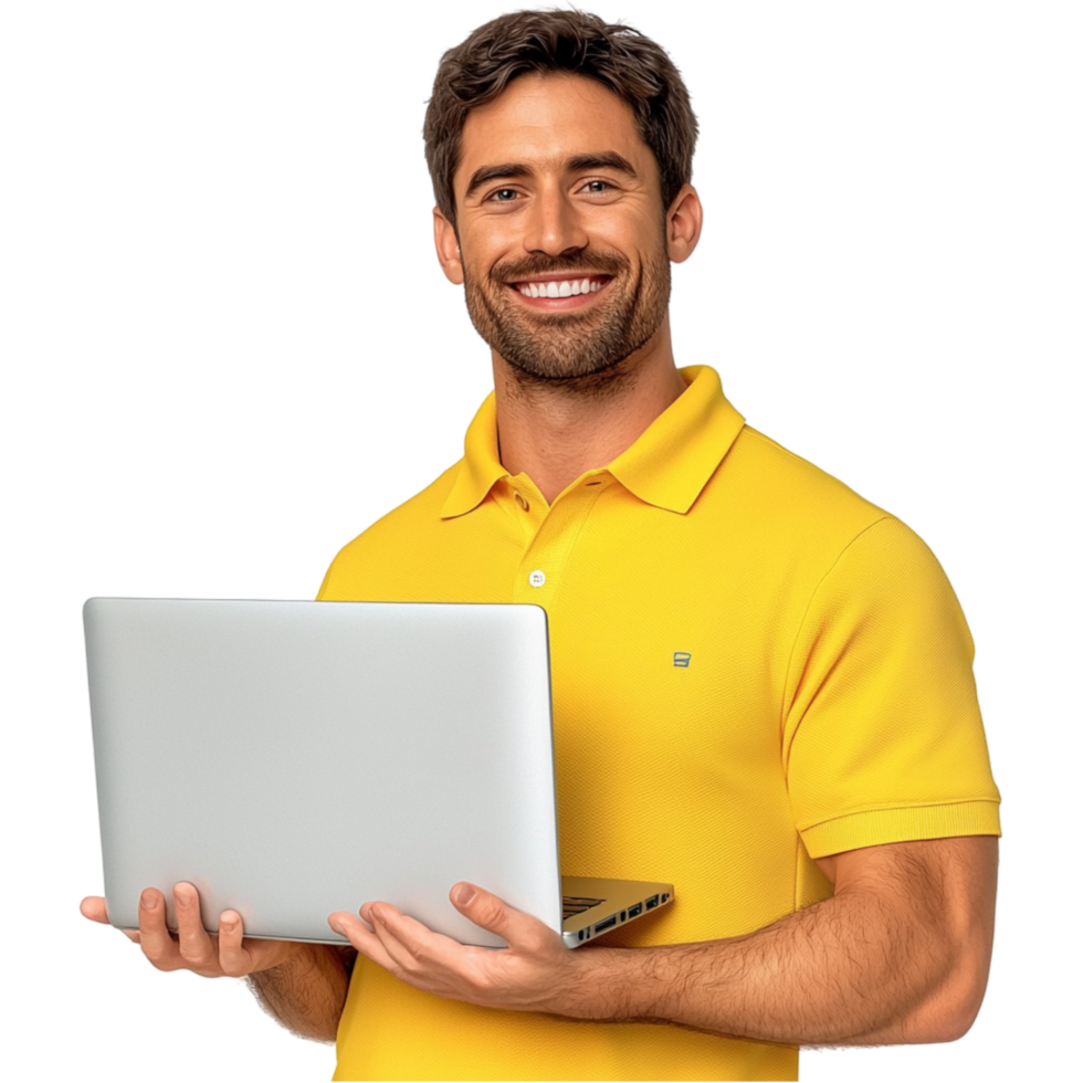 Smiling man in a yellow shirt holding a silver laptop confidently png