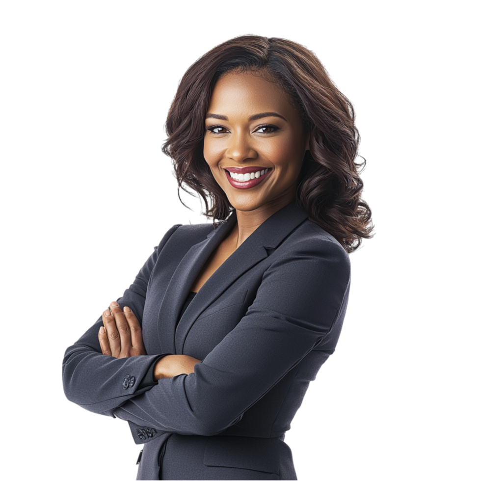Confident businesswoman in a rk suit arms crossed smiling png