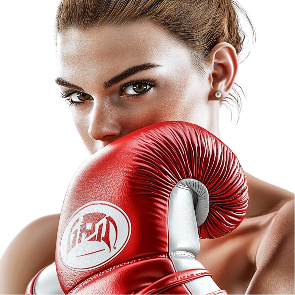 Determined female boxer wearing red gloves an intense stare png