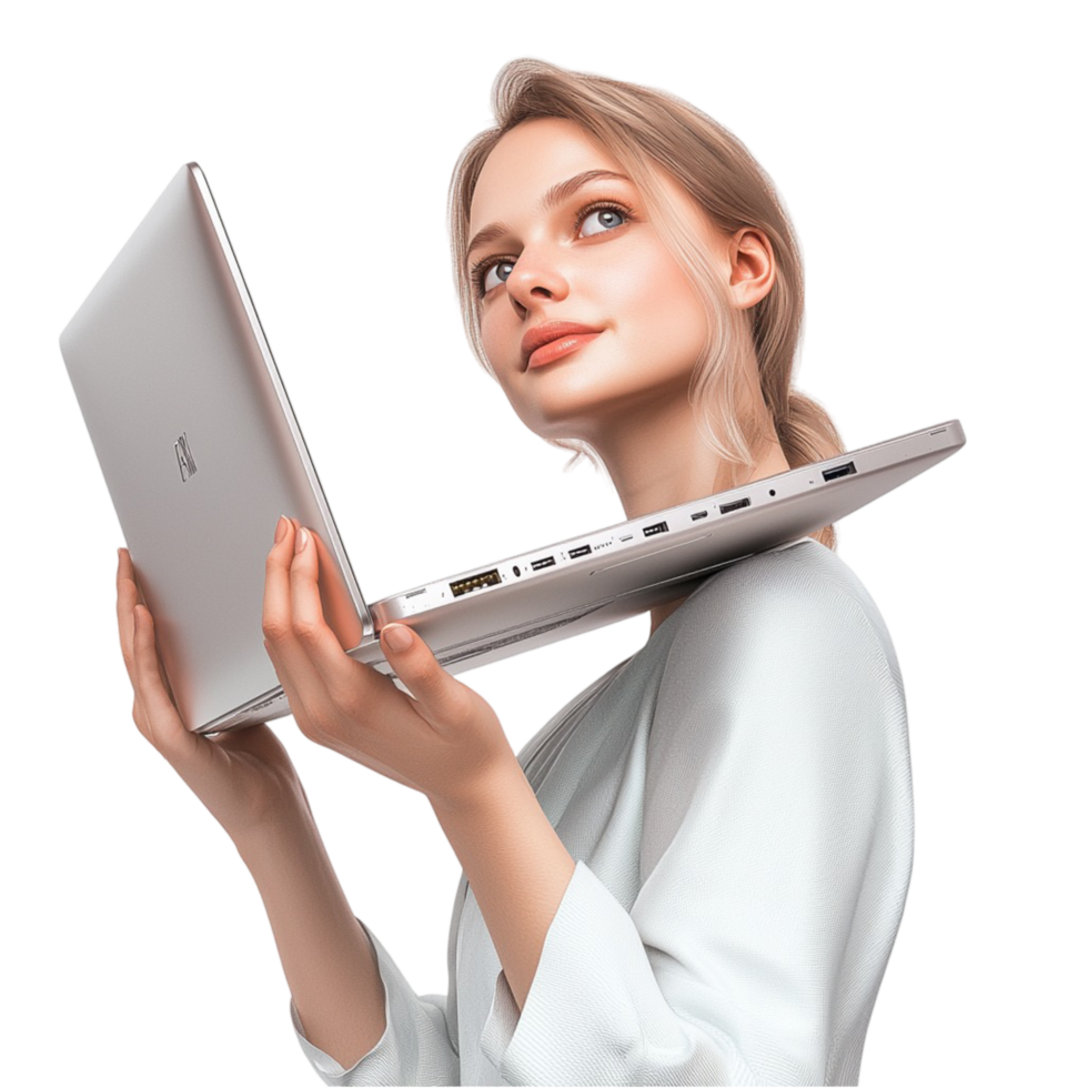 Woman holding a laptop while looking to the side curiosity png