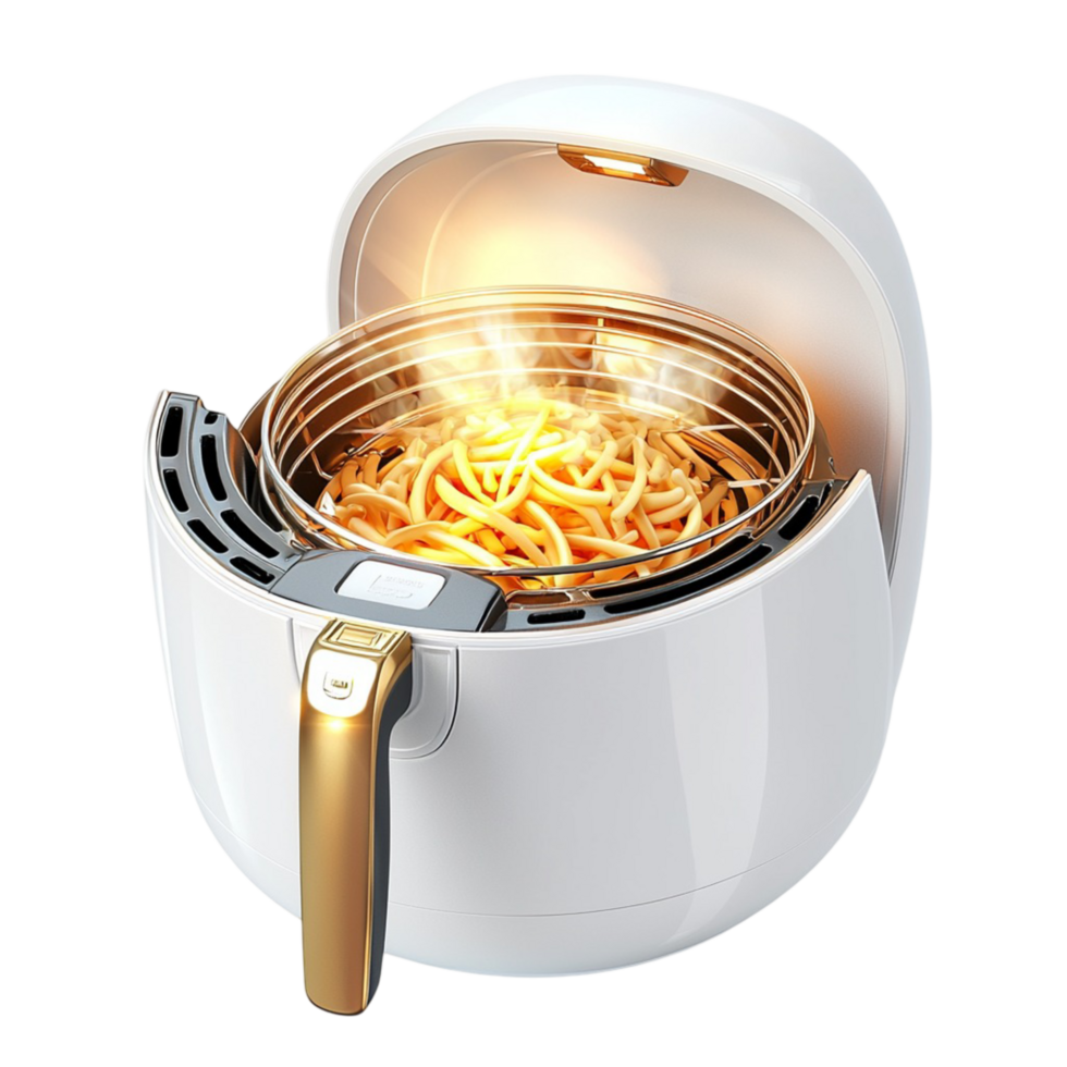 air fryer golden fries glowing inside the basket png