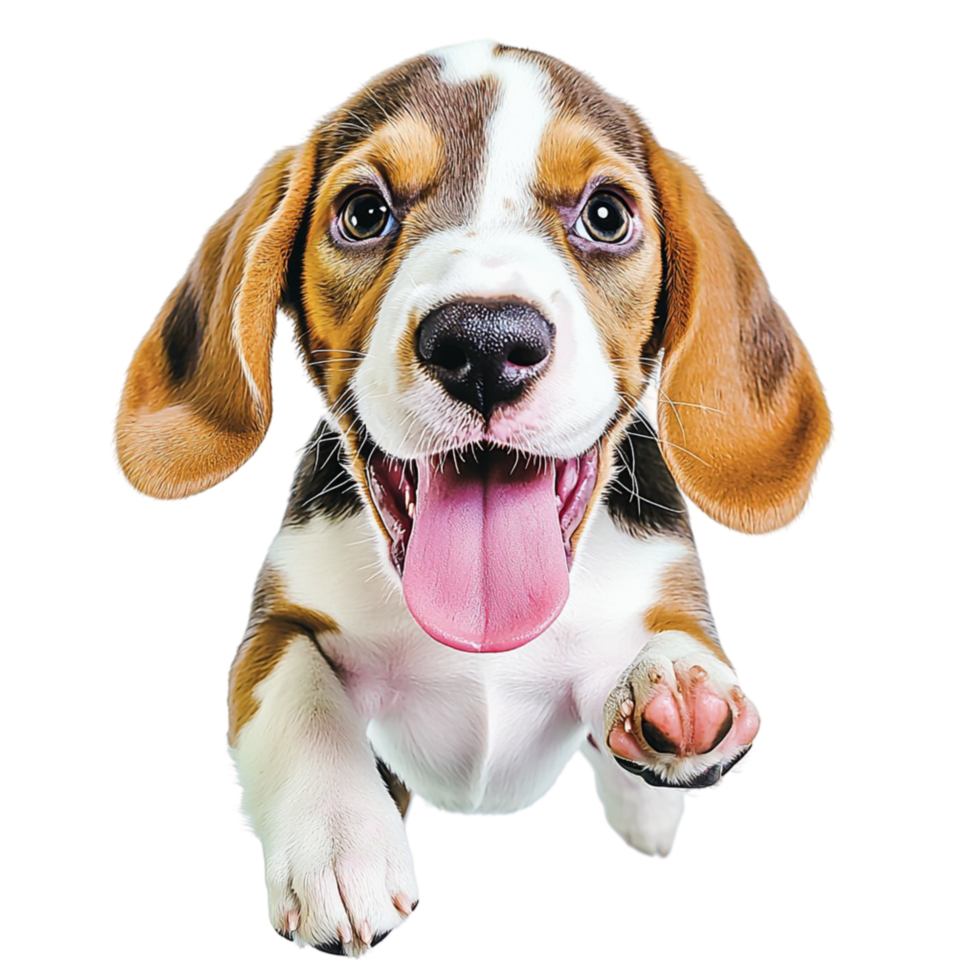 Happy beagle puppy big eyes floppy ears running excitement png