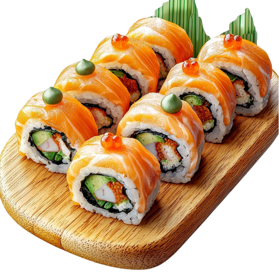 sushi rolls salmon avocado rice served on a wooden board png