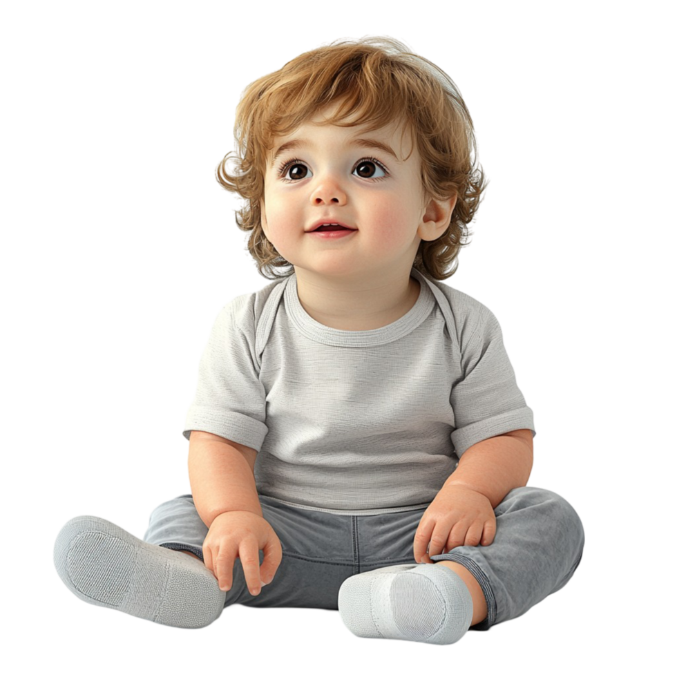 Cute baby curly brown hair sitting looking curiously at something png