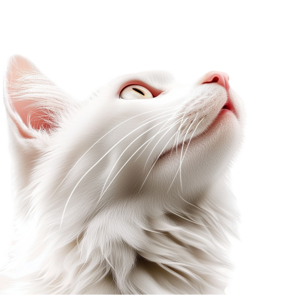 Beautiful white fluffy cat gazing upward eyes png