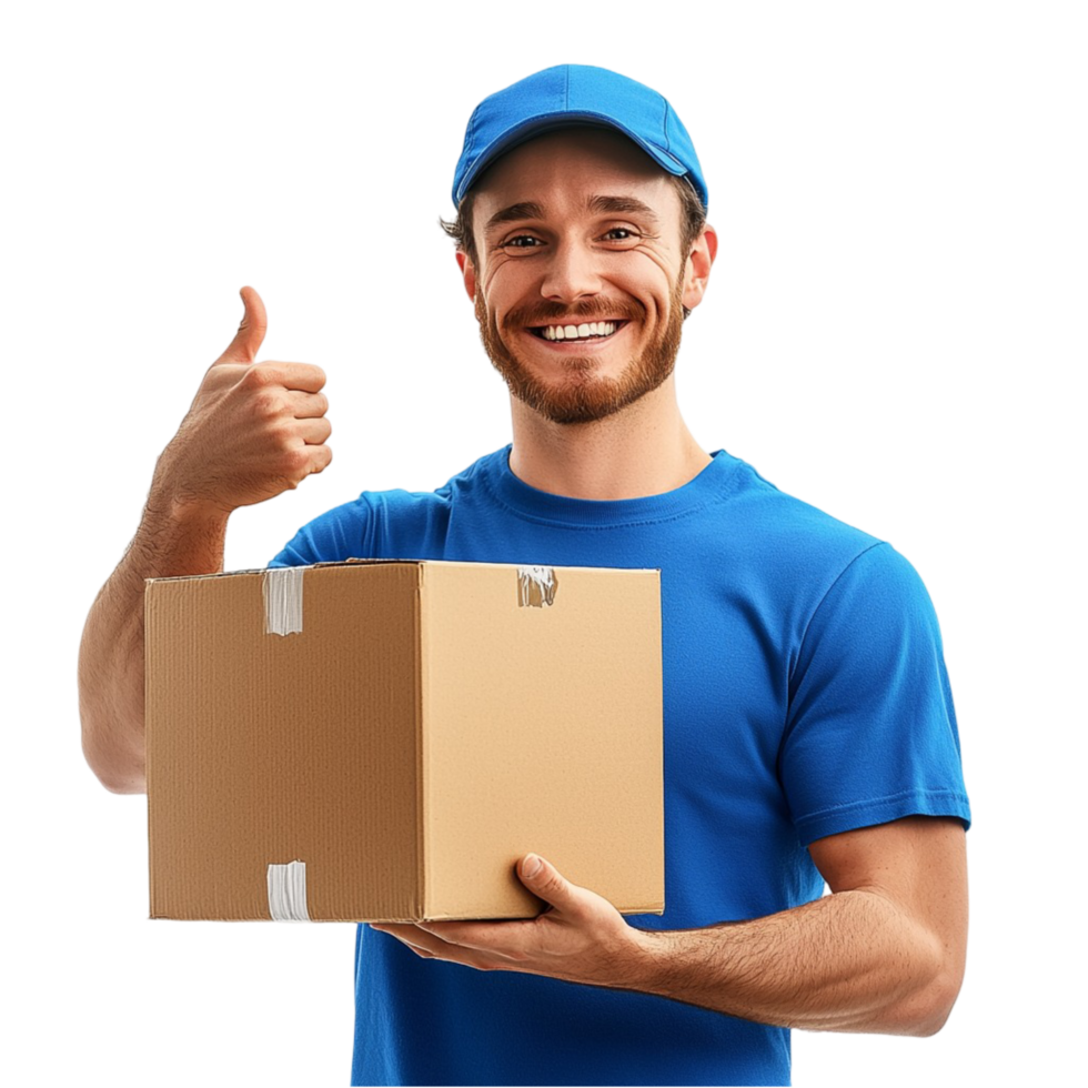 Smiling delivery man holding a package giving a thumbs up png