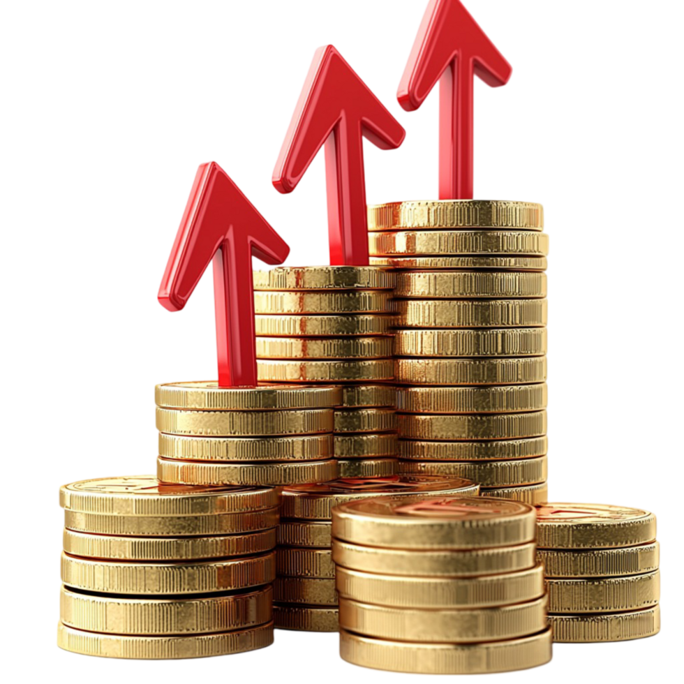 Growing stacks of golden coins red arrows pointing upward png