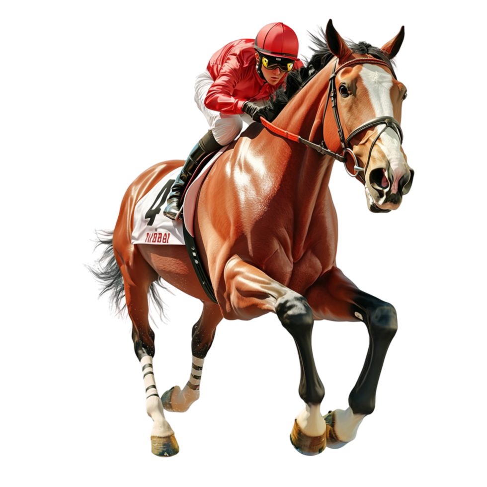 Skilled jockey riding a powerful brown horse in full stride png