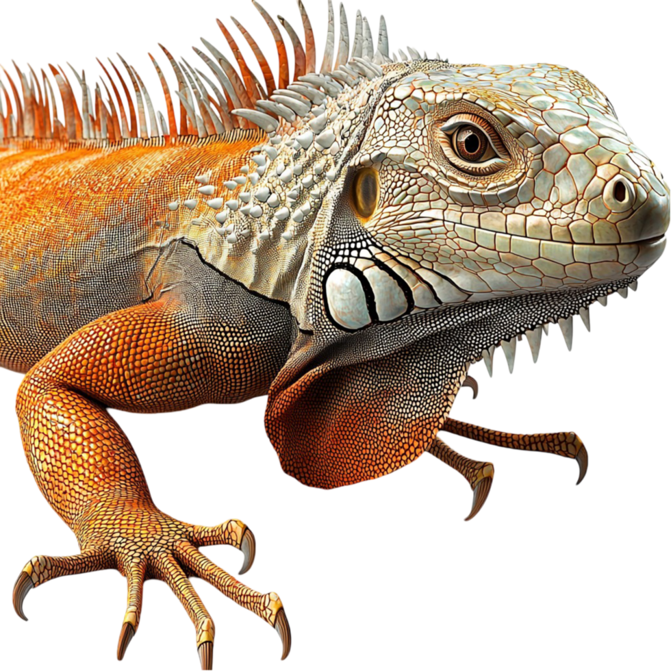 Large spiky iguana textured skin sharp eyes staring ahead png