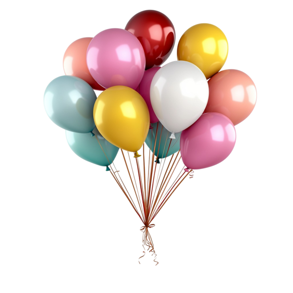 Colorful bunch of helium balloons floating strings tied together png