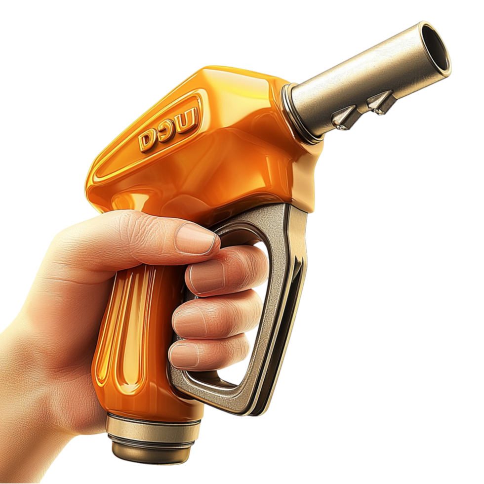 H firmly gripping an orange fuel nozzle ready for refueling png