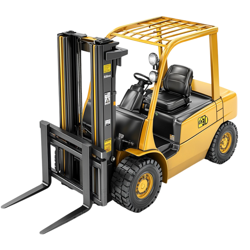 Industrial yellow forklift black wheels metal lifting arms png