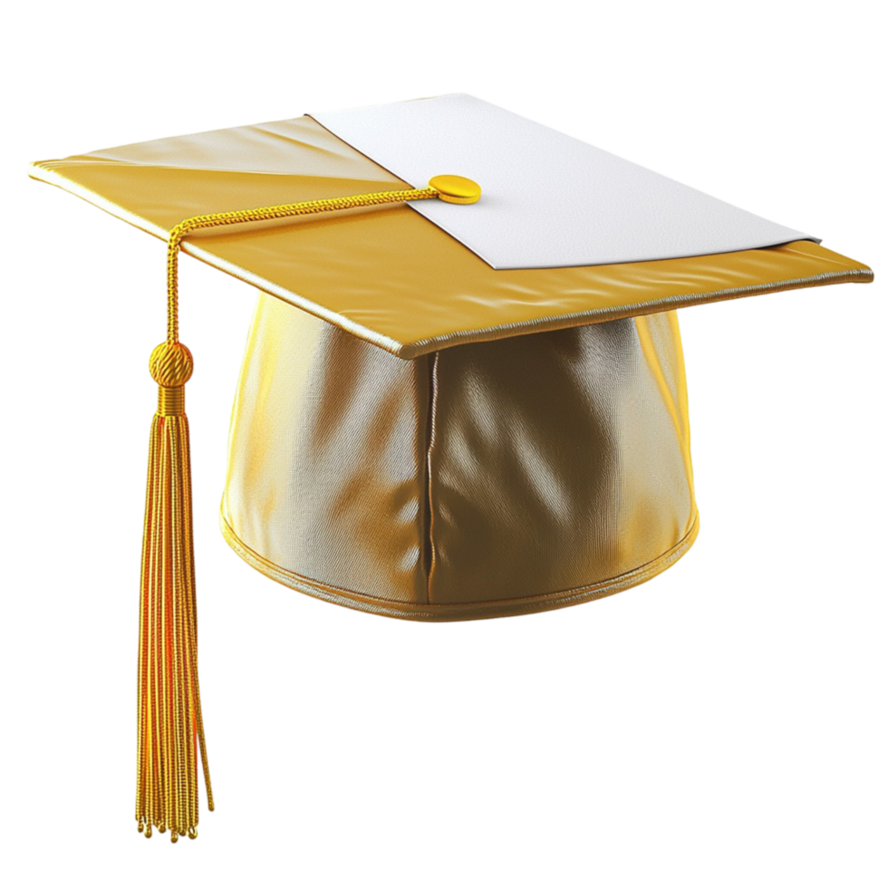 Shiny gold graduation cap a ngling tassel placed on a flat surface png
