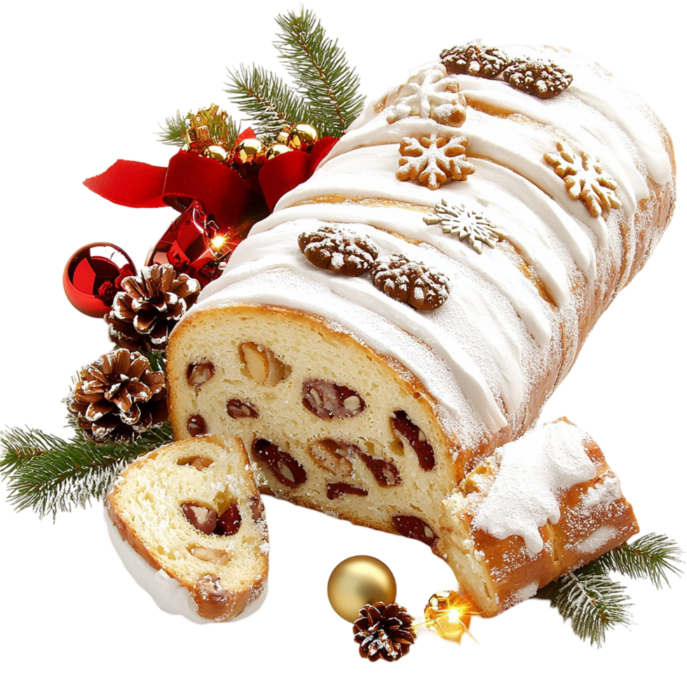 Festive stollen bread powdered sugar red ribbon png