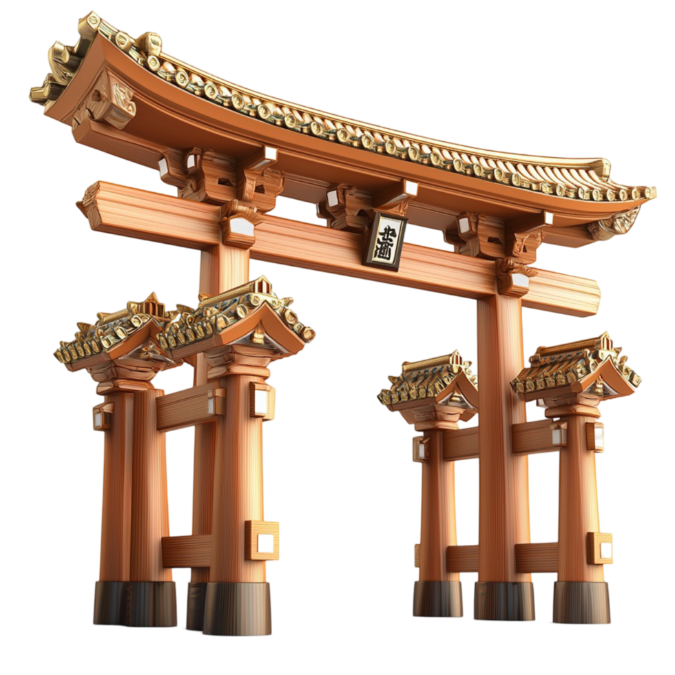 Traditional Japanese wooden torii gate intricate carvings golden accents png
