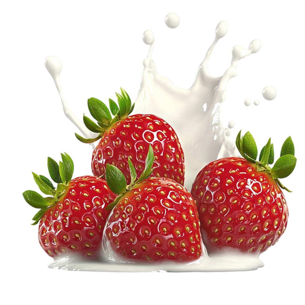 Ripe strawberries splashing into milk a dynamic effect png