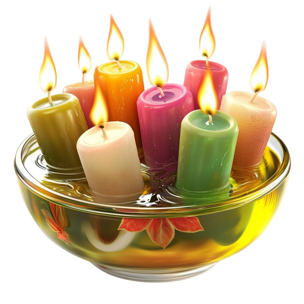 Colorful floating cles lit inside a glass bowl png