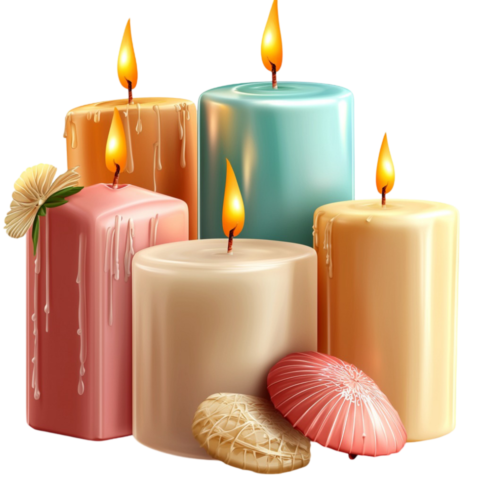 Colorful lit cles surrounded by seashells png