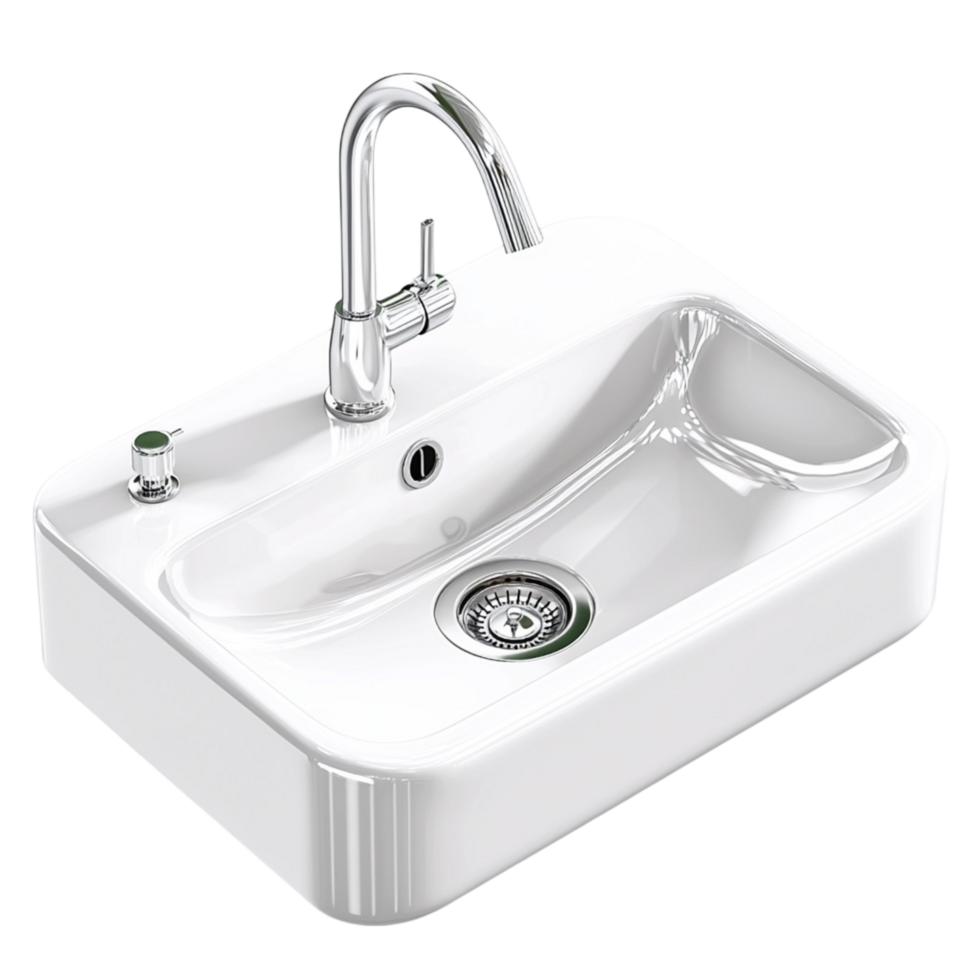 Clean white sink a silver faucet visible drain png