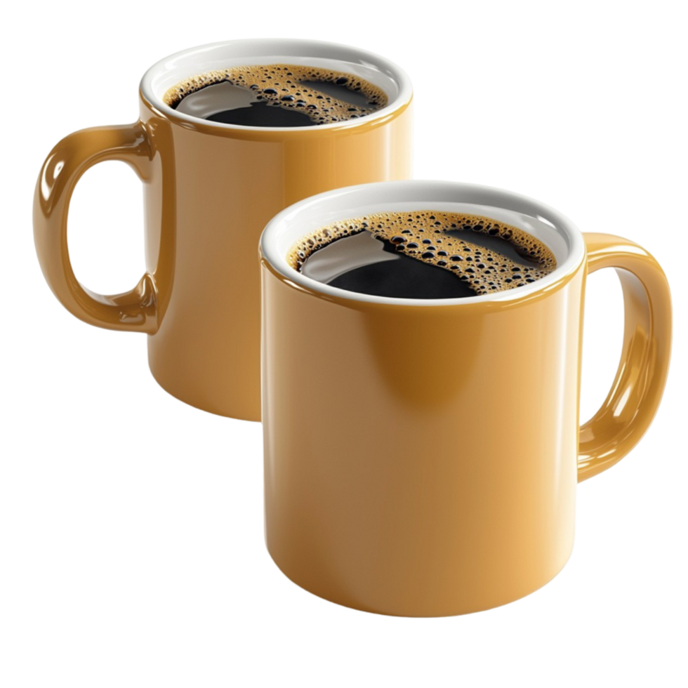 Two yellow mugs filled steaming black coffee png
