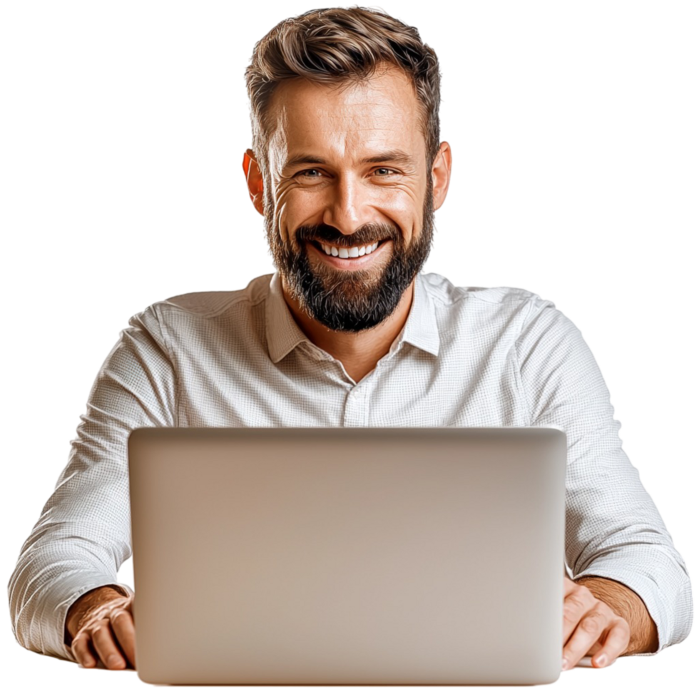Smiling man working on a laptop in a cheerful mood png